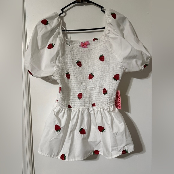 Coco And Shay Tops - Coco & Shay strawberry embroidered peplum smocked babydoll top 1XL